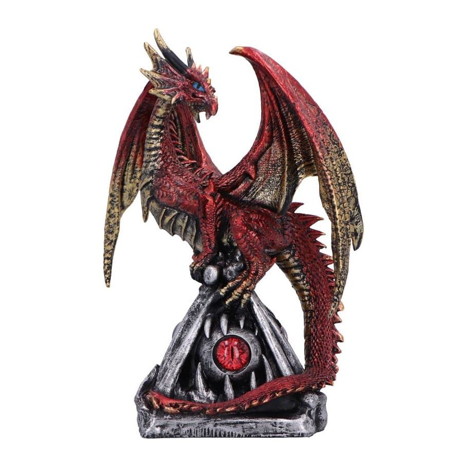Flame red dragon figurine perched on a pyramid with glass eyes