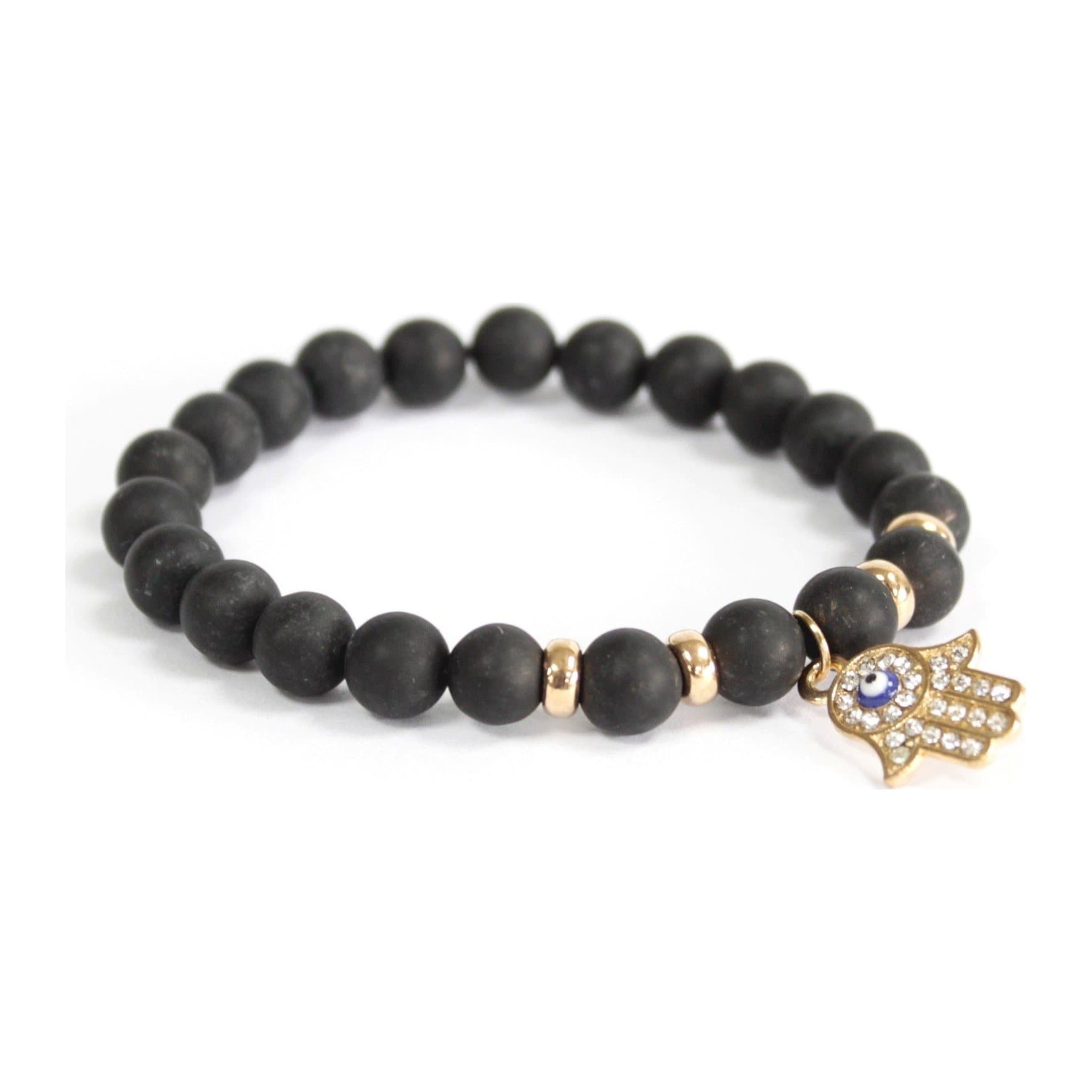 Black agate gemstone bracelet with a hamsa and angel wing design