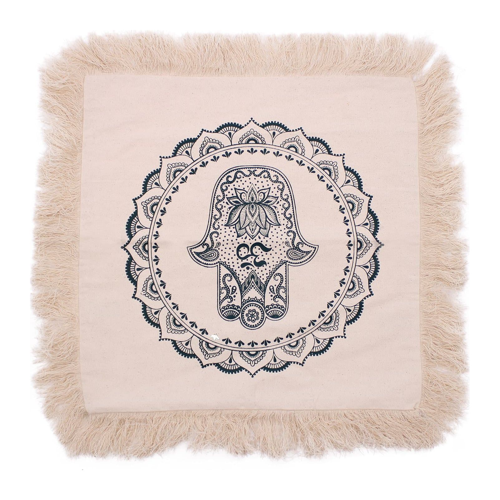 Green cotton cushion with a hamsa mandala design