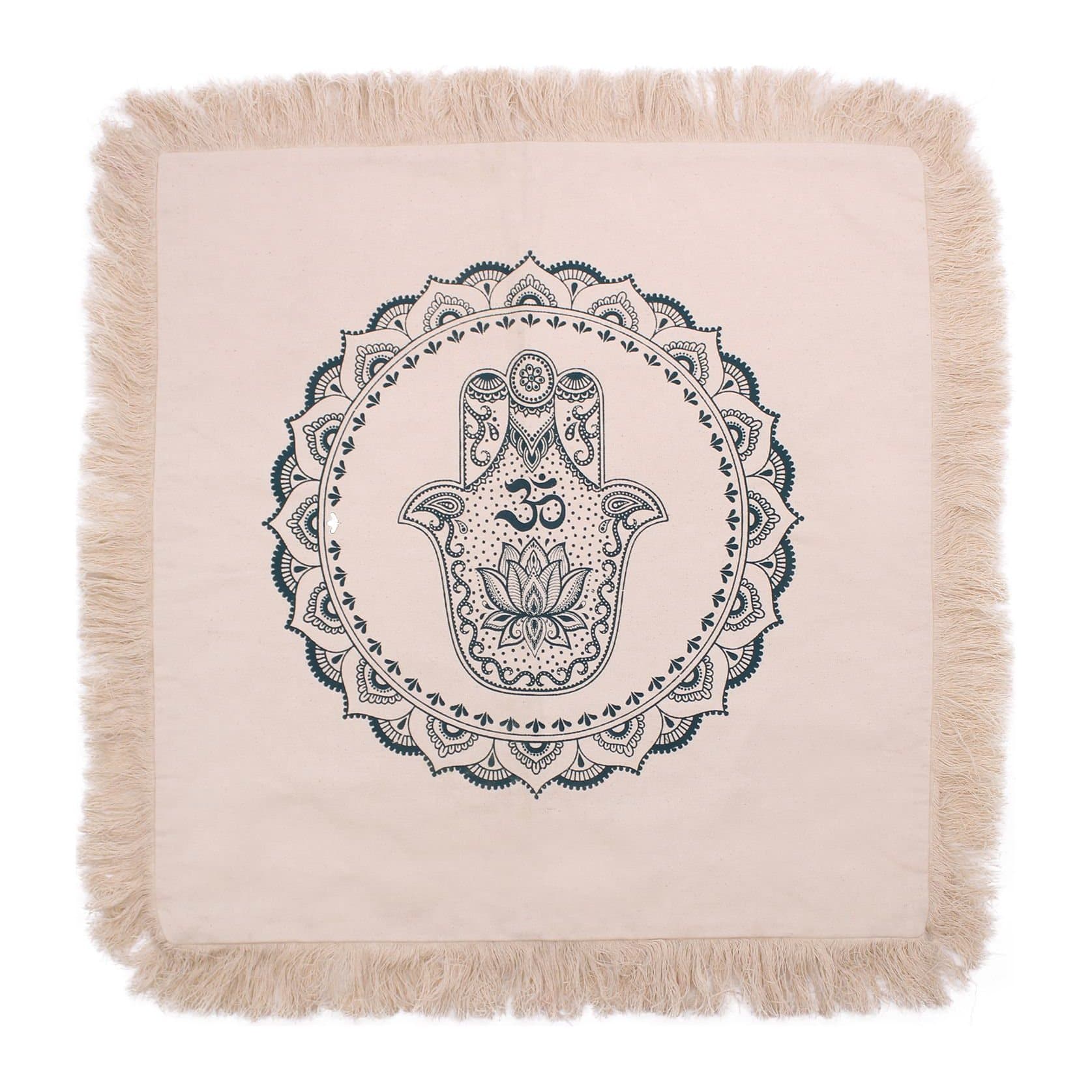 Green cotton cushion with a hamsa mandala design
