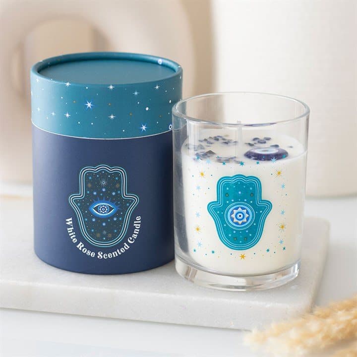 Glass jar candle with a Hand of Hamsa and star design