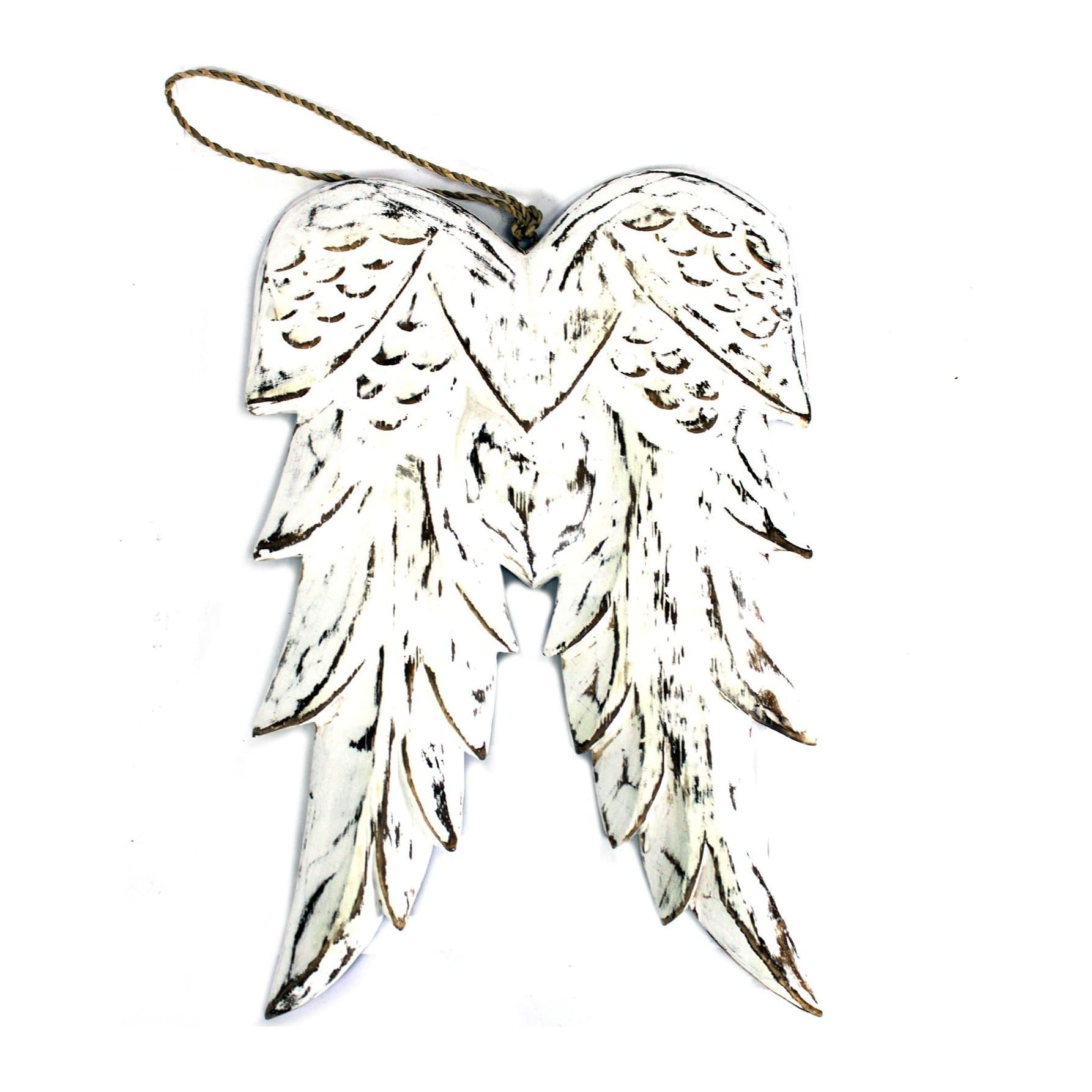 White washed wooden double angel wing with a distressed vintage finish