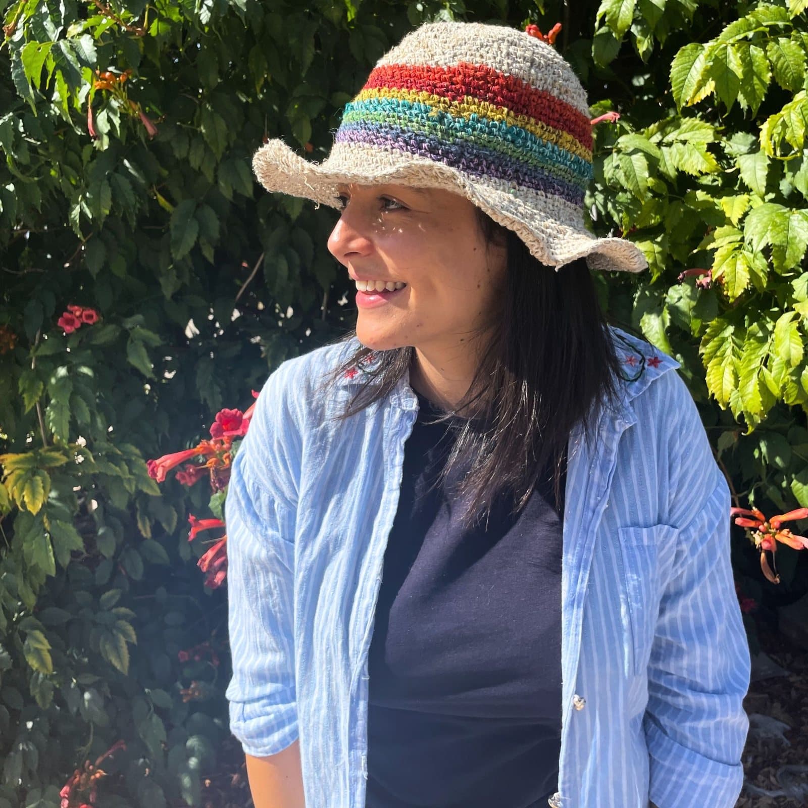 Hand-knitted hemp and cotton boho festival hat