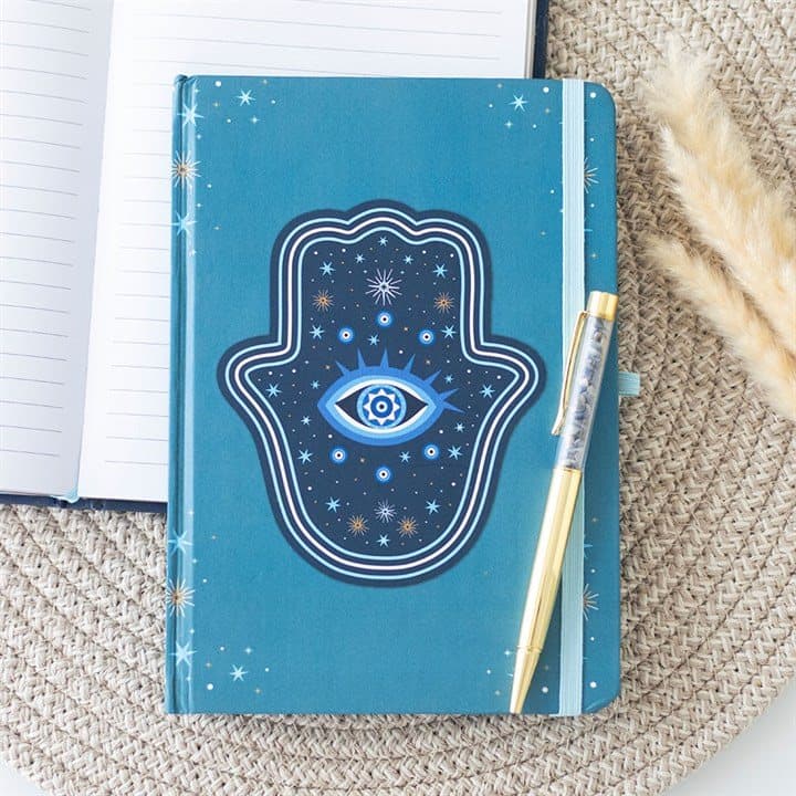 Turquoise A5 notebook with dark blue Hand of Hamsa design and a gold-tone pen