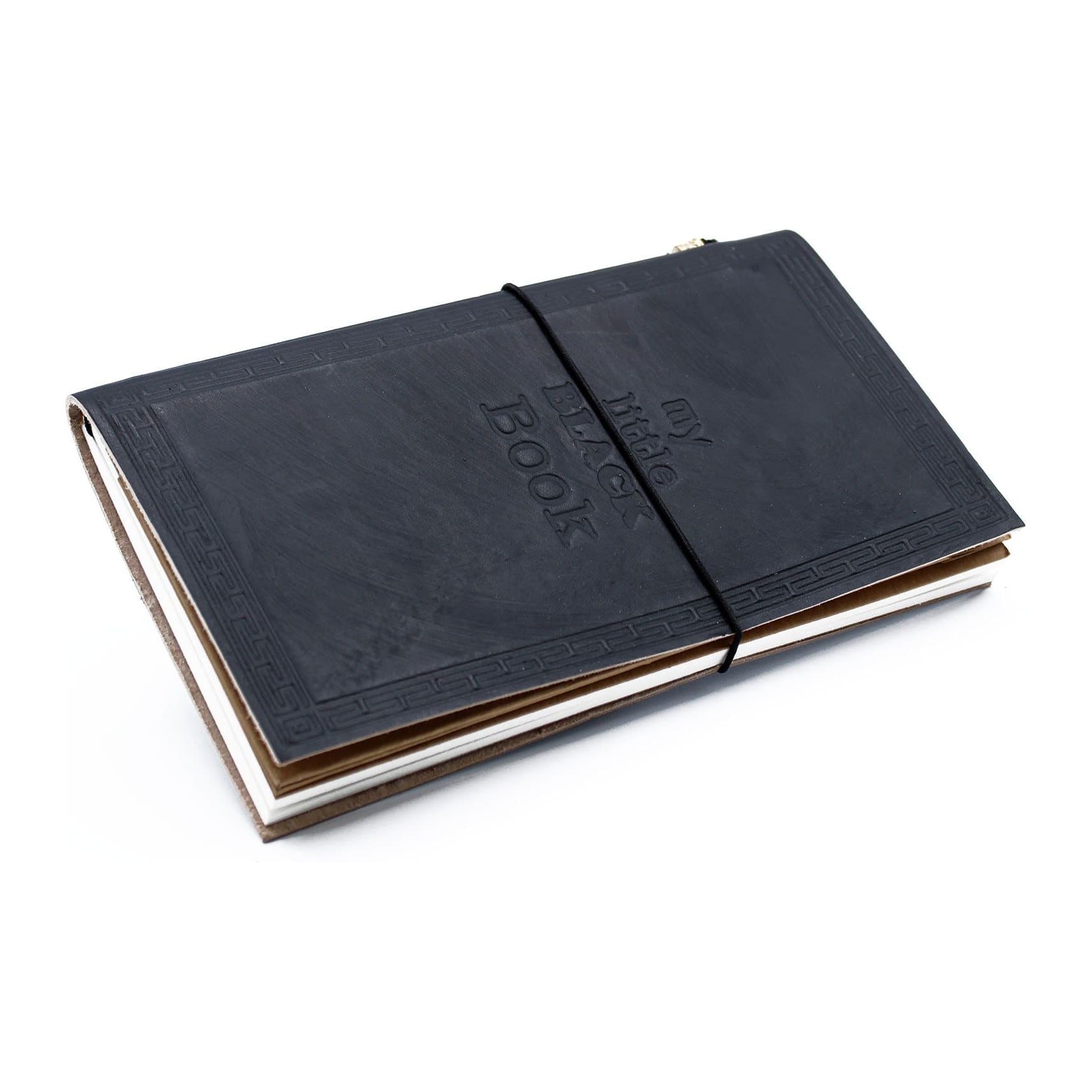 Black handmade leather journal with a My Little Black Book design