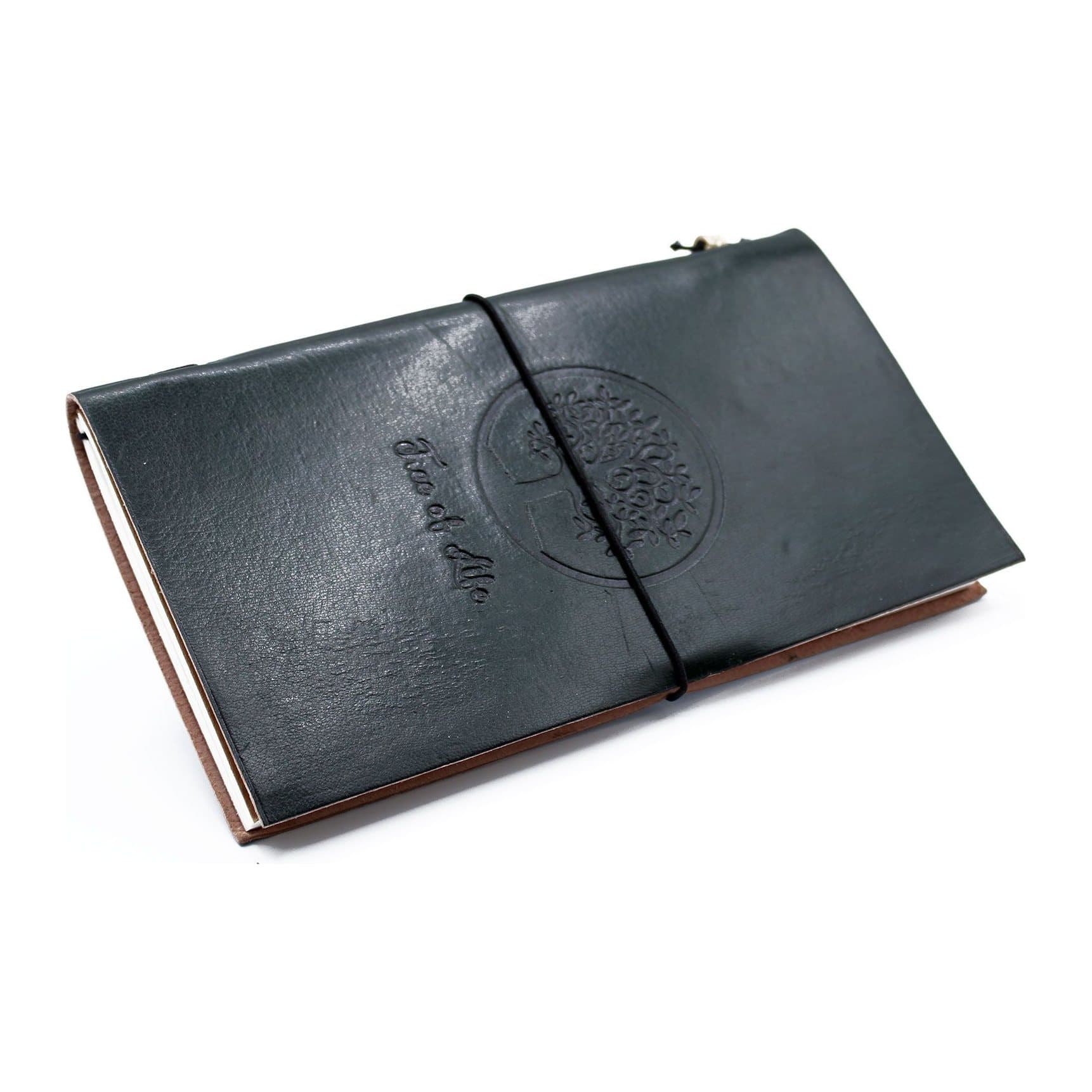 Green handmade leather journal with a Tree of Life design and wrap around band