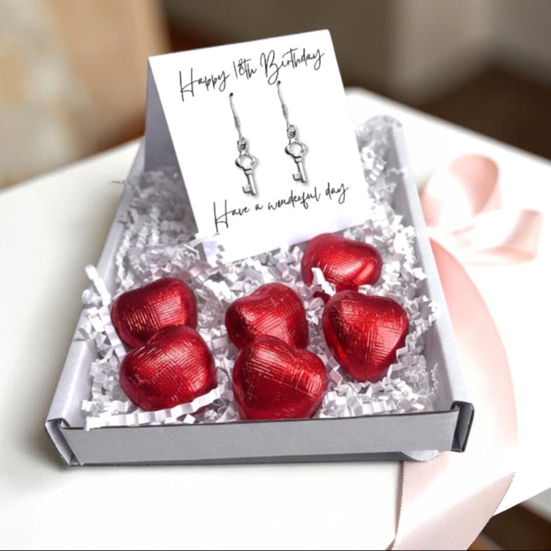 Happy 18th Birthday mini gift hamper with drop earrings, key charm and chocolate hearts
