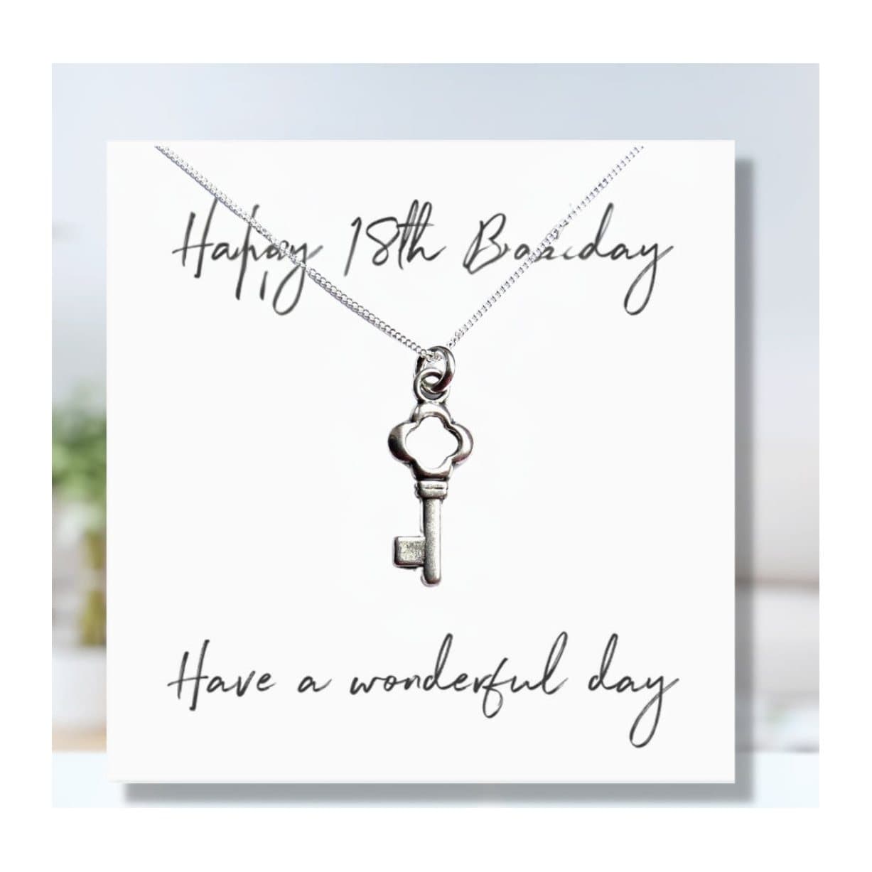 Key charm necklace with a Happy 18th Birthday message card