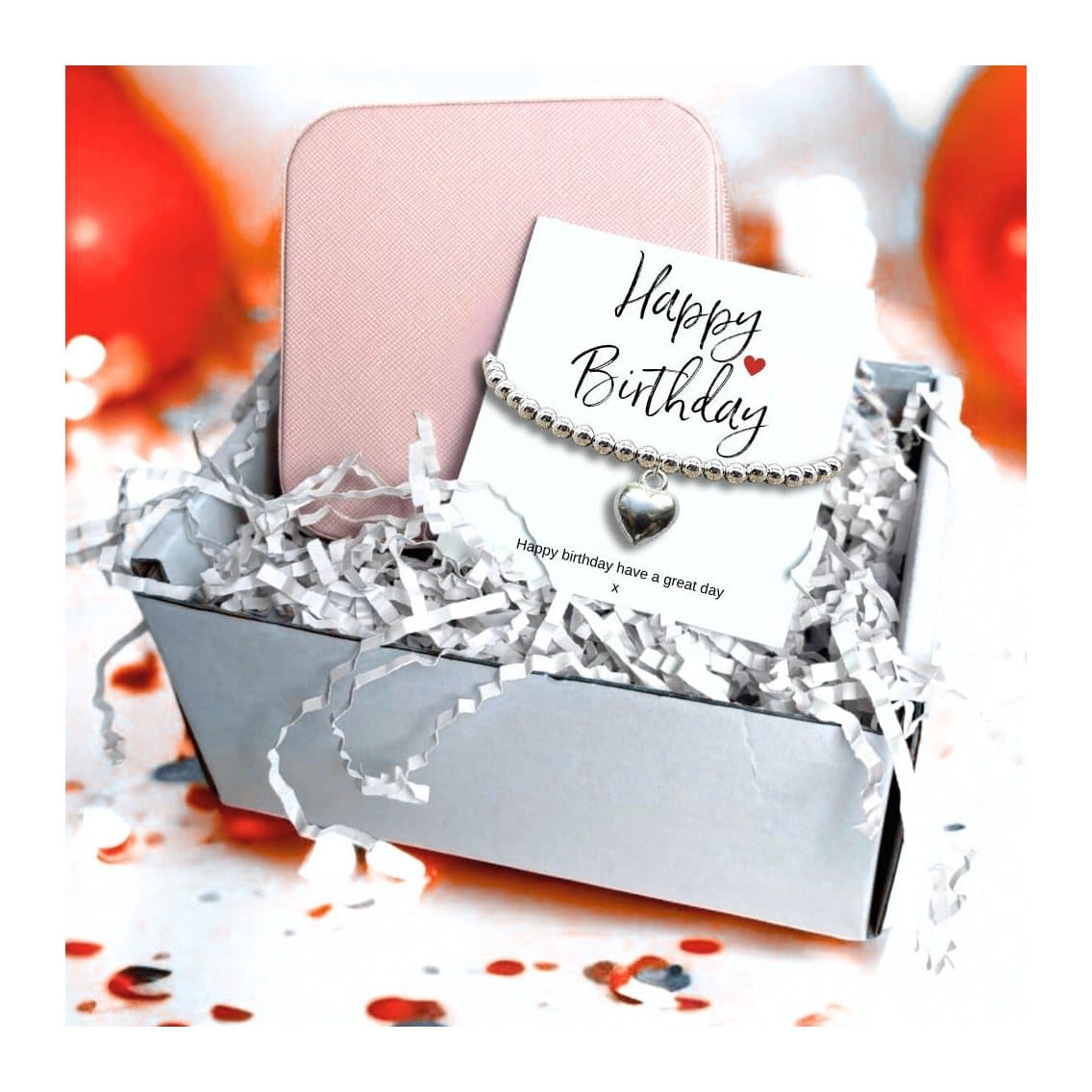Silver heart stretch bracelet, pink jewellery box and birthday message card