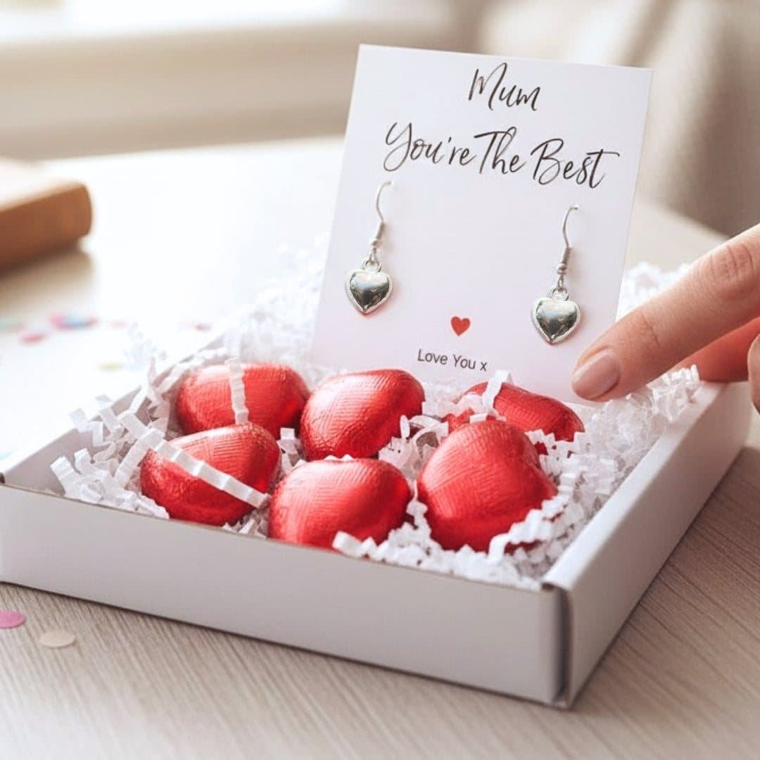 Mini birthday gift hamper with silver heart earrings and milk chocolate hearts