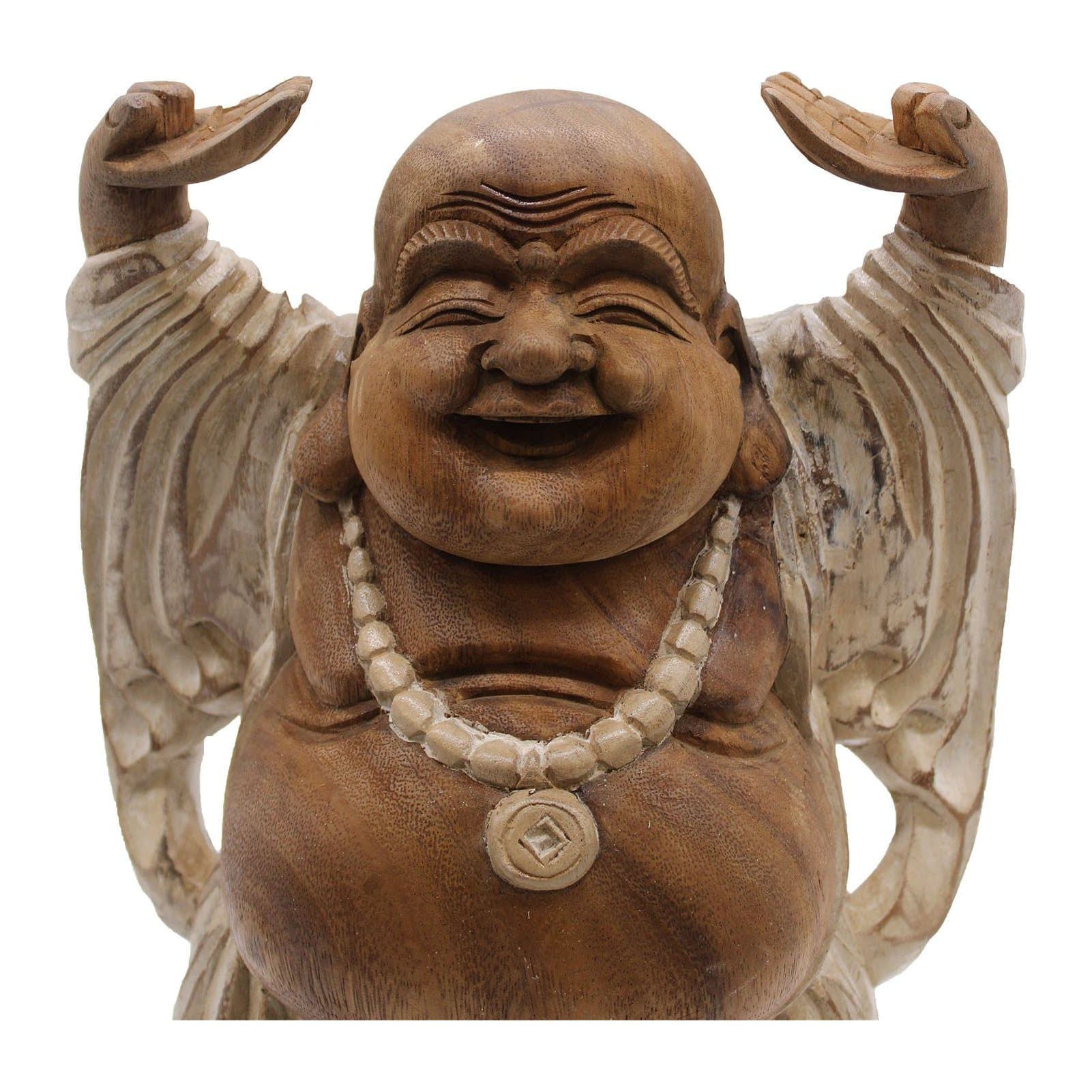 Whitewash wooden happy Buddha statue with hands raised