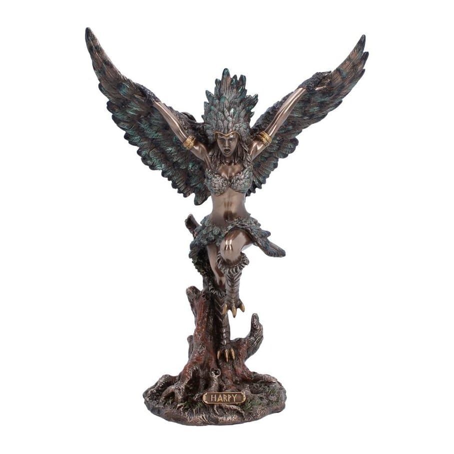 Bronze-like harpy figurine with wings spread wide in mid-flight