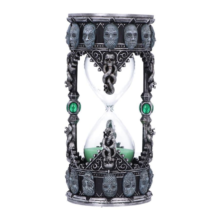 Metallic silver Harry Potter Death Eater sand timer with masked faces and Dark Mark