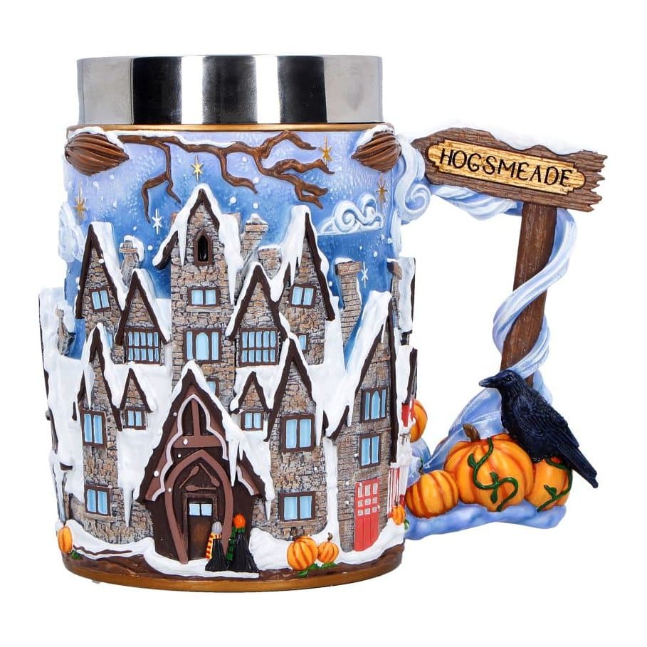 Light-blue Hogsmeade tankard with houses around the base and a sign handle