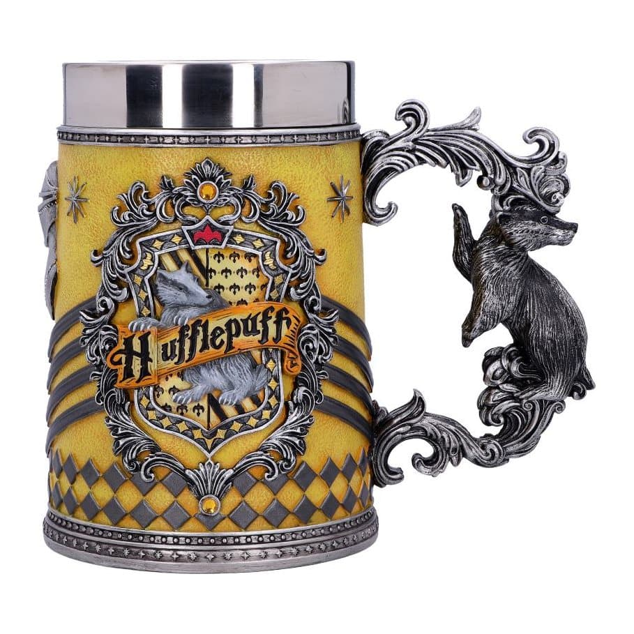 Hufflepuff Harry Potter tankard in yellow and black with its house crest.