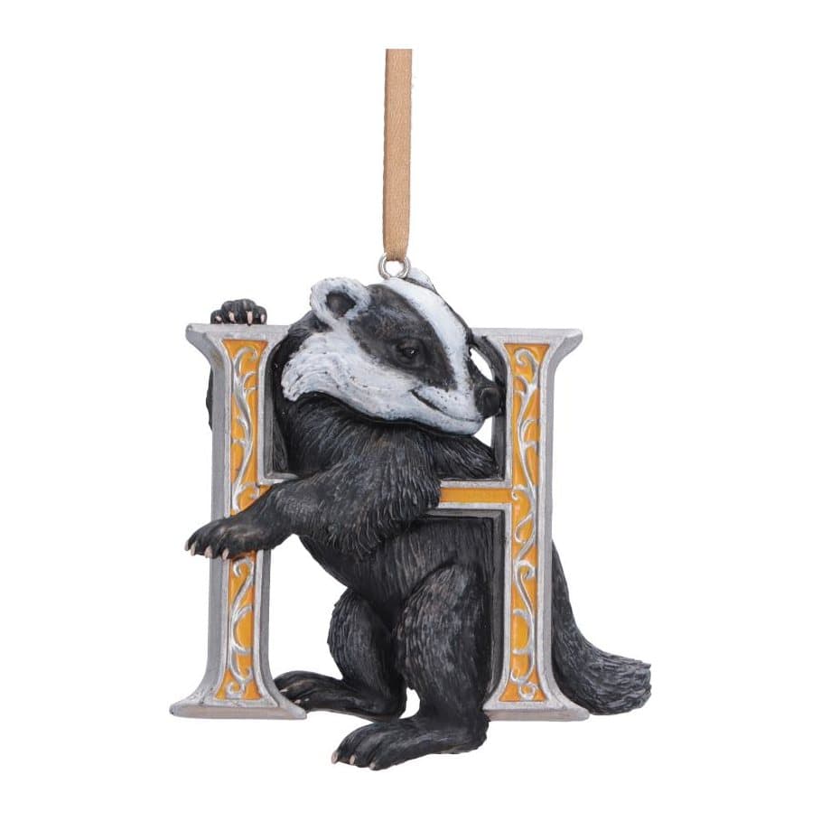 Hufflepuff badger ornament in a yellow and silver letter H, with a yellow ribbon