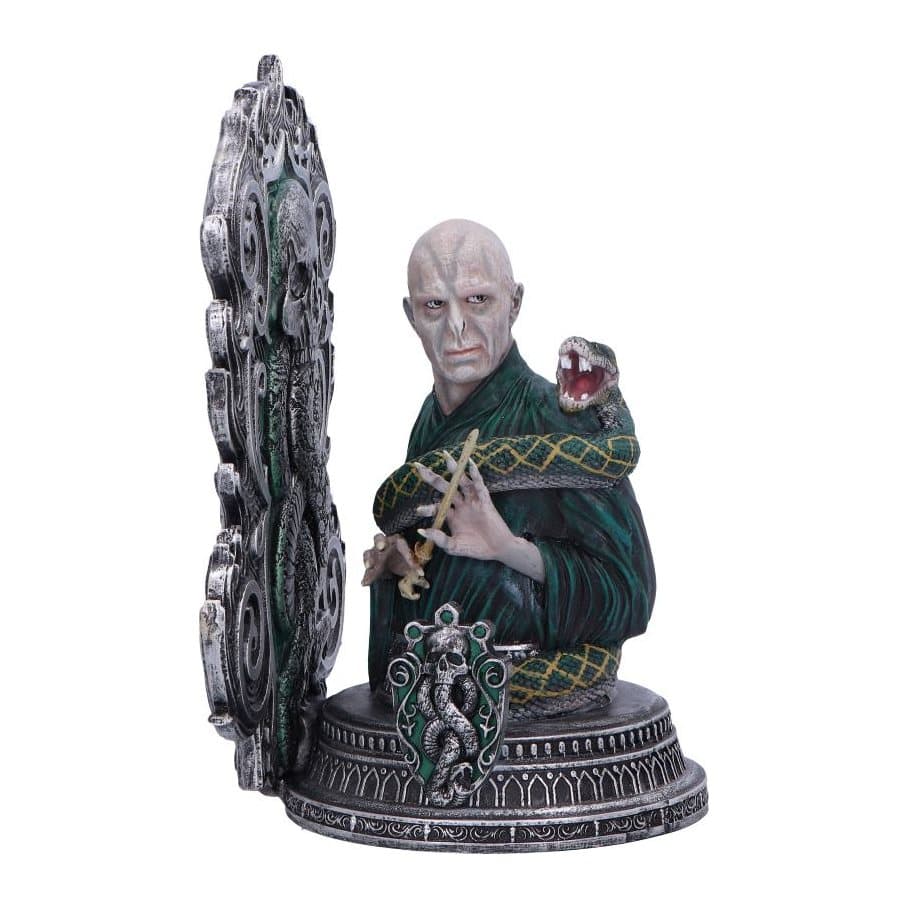 Lord Voldemort bookend with Nagini wrapped around him, wand in hand