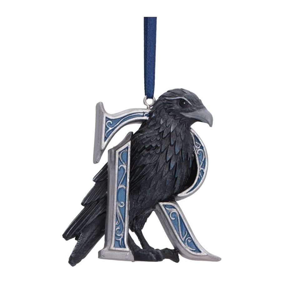 Ravenclaw hanging ornament with a blue and silver R and raven