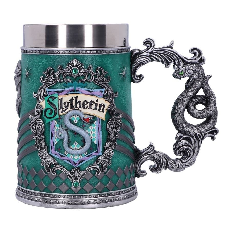 Slytherin Hogwarts house collectible tankard with a snake crest in green and silver