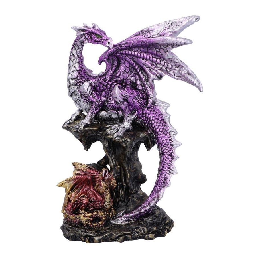 Amethyst Dragon on rocks looking down at her small Dragonling