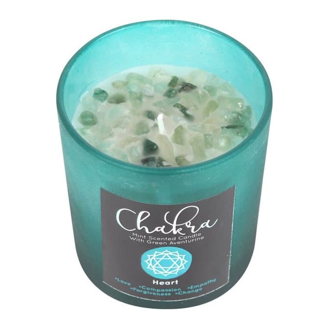 Green frosted glass candle holder with aventurine crystal chips and a metallic lid