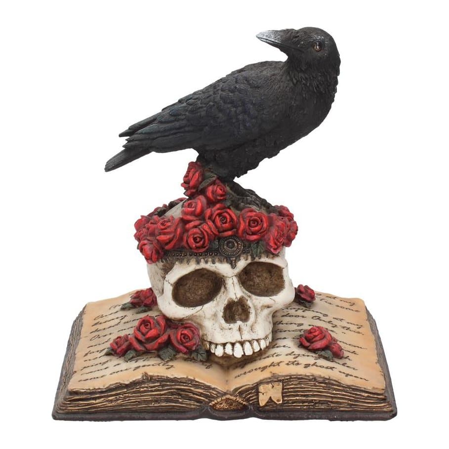 Black raven on an aged skull with roses, a crown and an open book