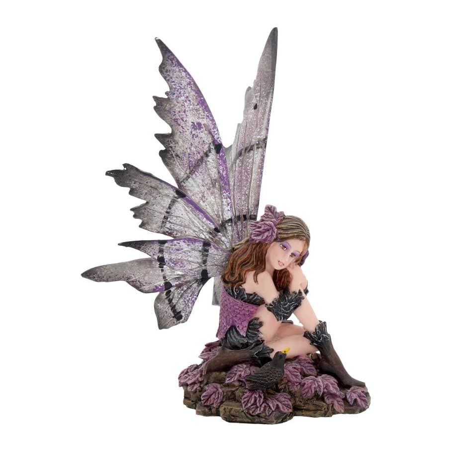 Dark fairy with auburn hair and purple wings sitting beside a brown bird