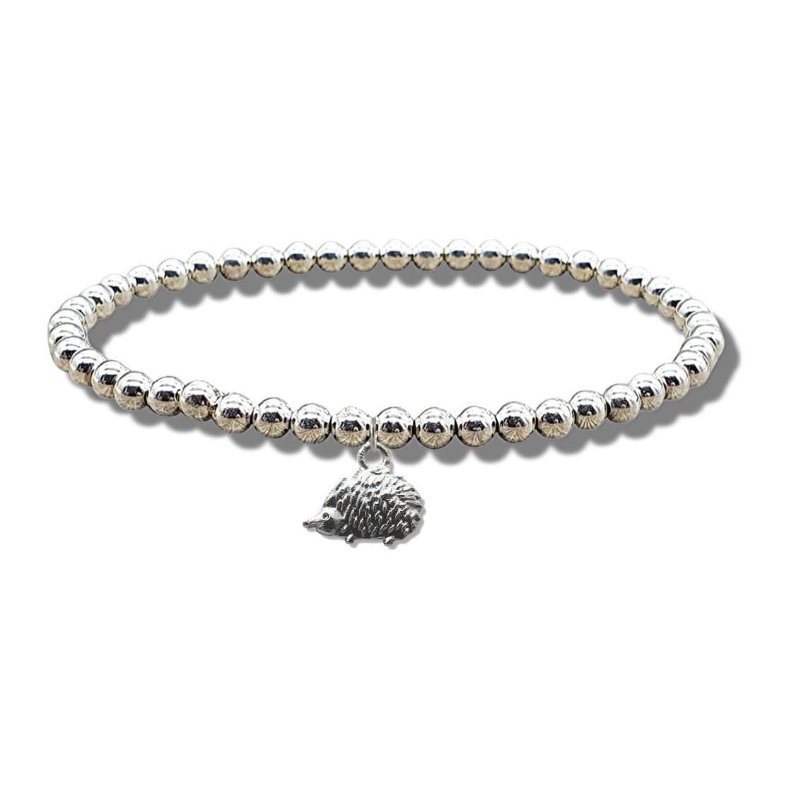 Silver plated hedgehog charm on a stretch beaded bracelet