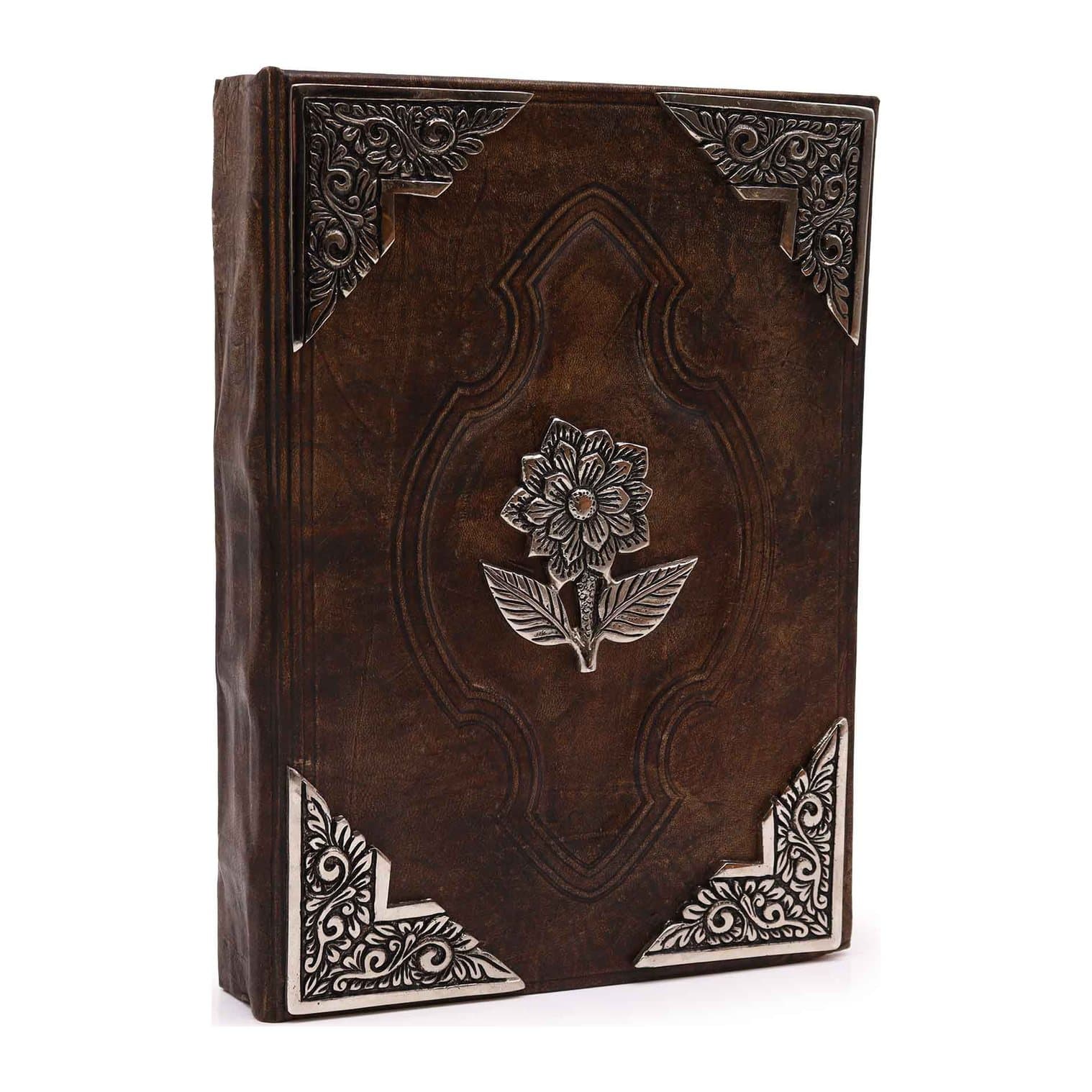 Red leather journal with a zinc rose and deckle-edged pages