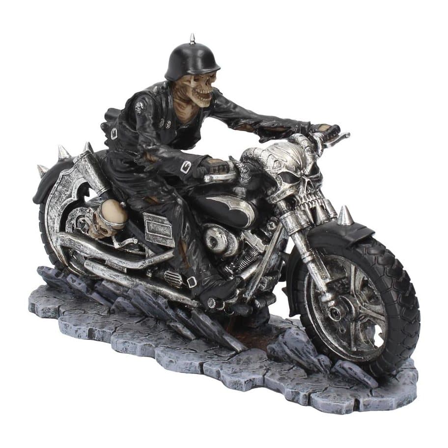 Skeleton biker on a motorbike with scythe and skull on a cracked road