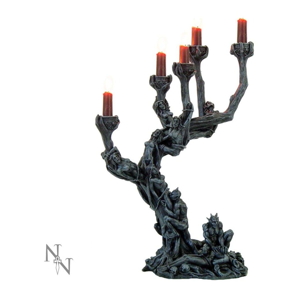Dark grey resin candelabra covered in writhing demon torture figures