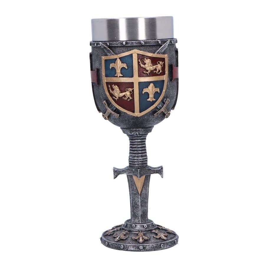 Heraldic medieval goblet with a gold, royal blue and crimson crest