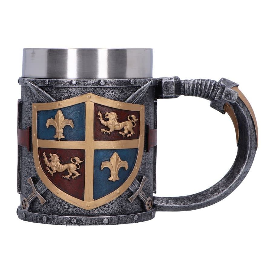 Heraldic tankard with a shield of fleur de lis and lion panels and crossed swords below