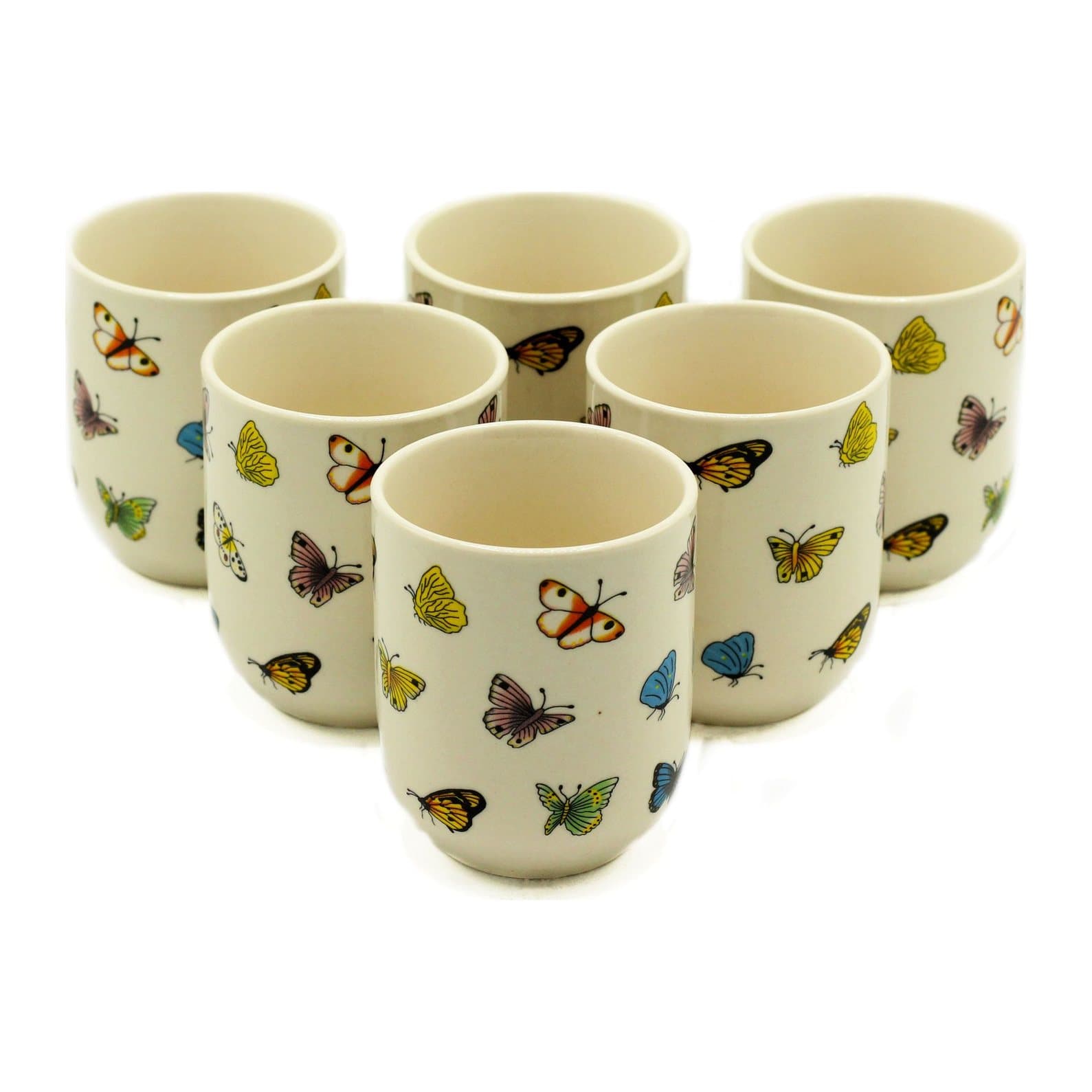 Pack of six handle-free herbal tea cups with butterflies