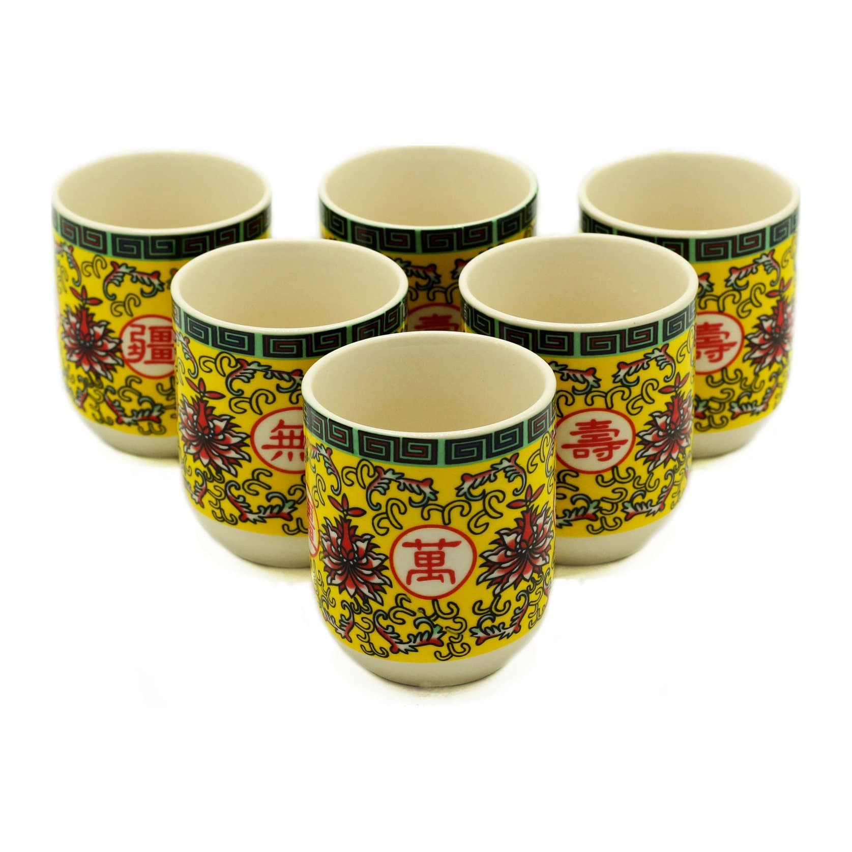Set of six Long Life Oriental Design herbal tea cups without handles