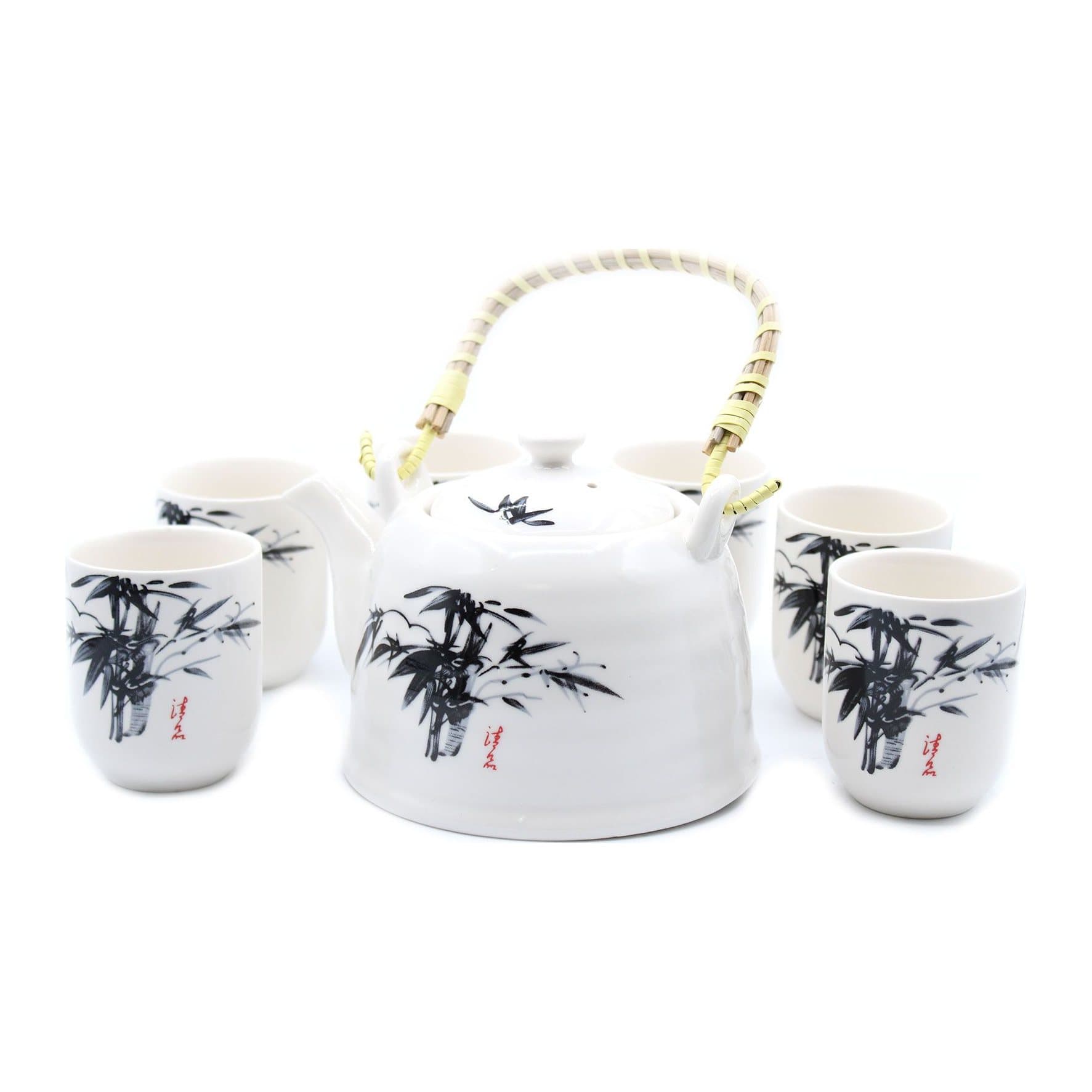 White stone oriental ceramic herbal teapot set with six matching cups