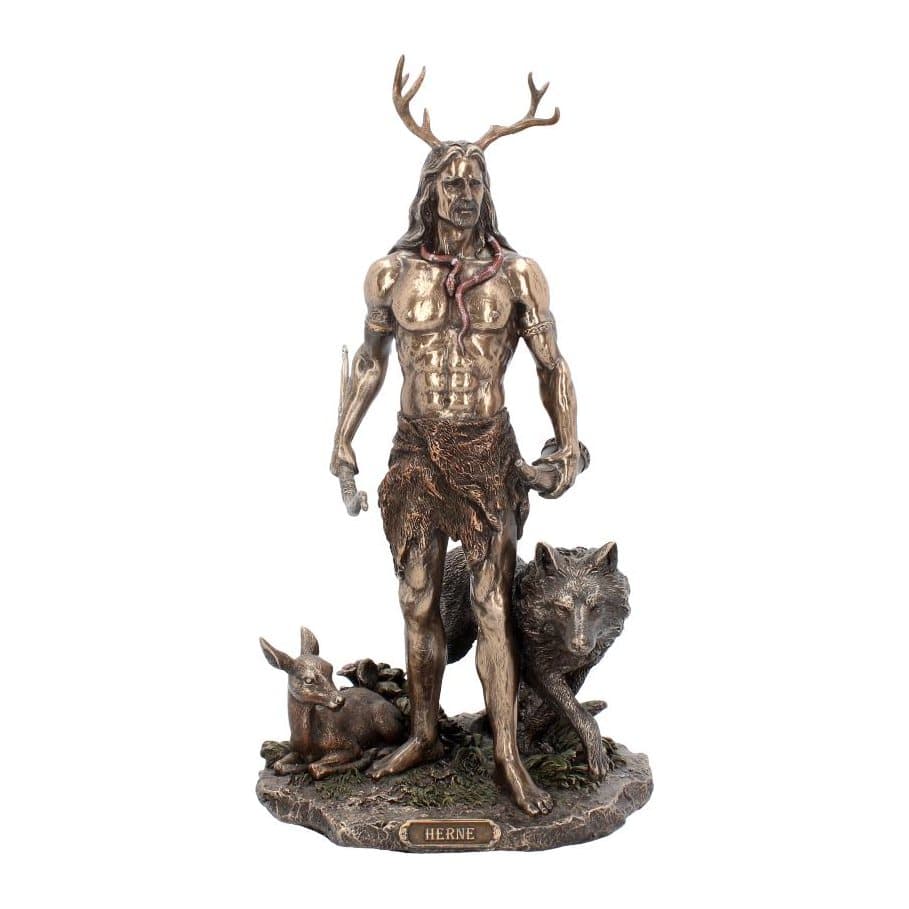 Bronze-finish resin figurine of Herne, God of the Hunt, with antlers, a wolf and a faun