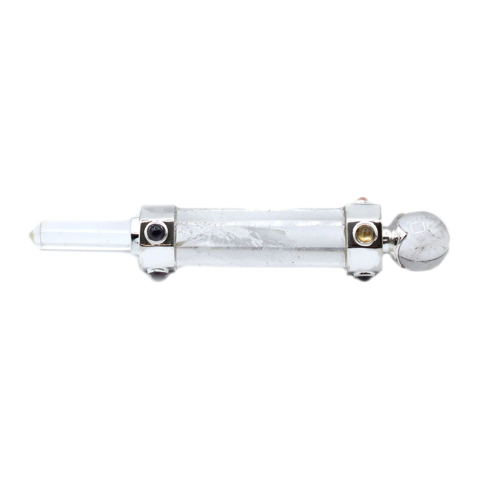 Hexagonal rock quartz crystal wand, 12 cm, with silver plated metal