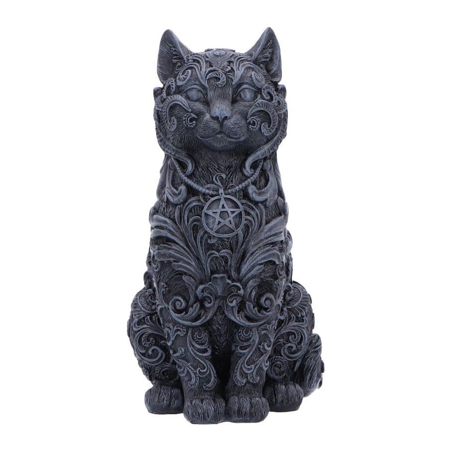 Black cat figurine with swirling patterns and a pentagram necklace