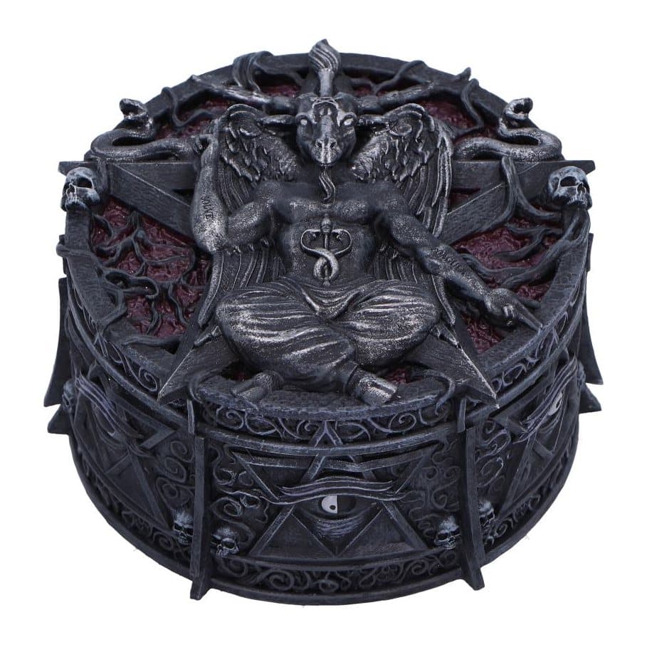 Round resin trinket box with a Baphomet on the lid