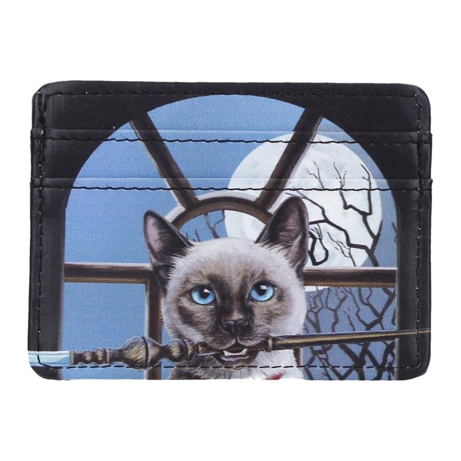 Card holder showing a white cat holding a wand before a window and full moon