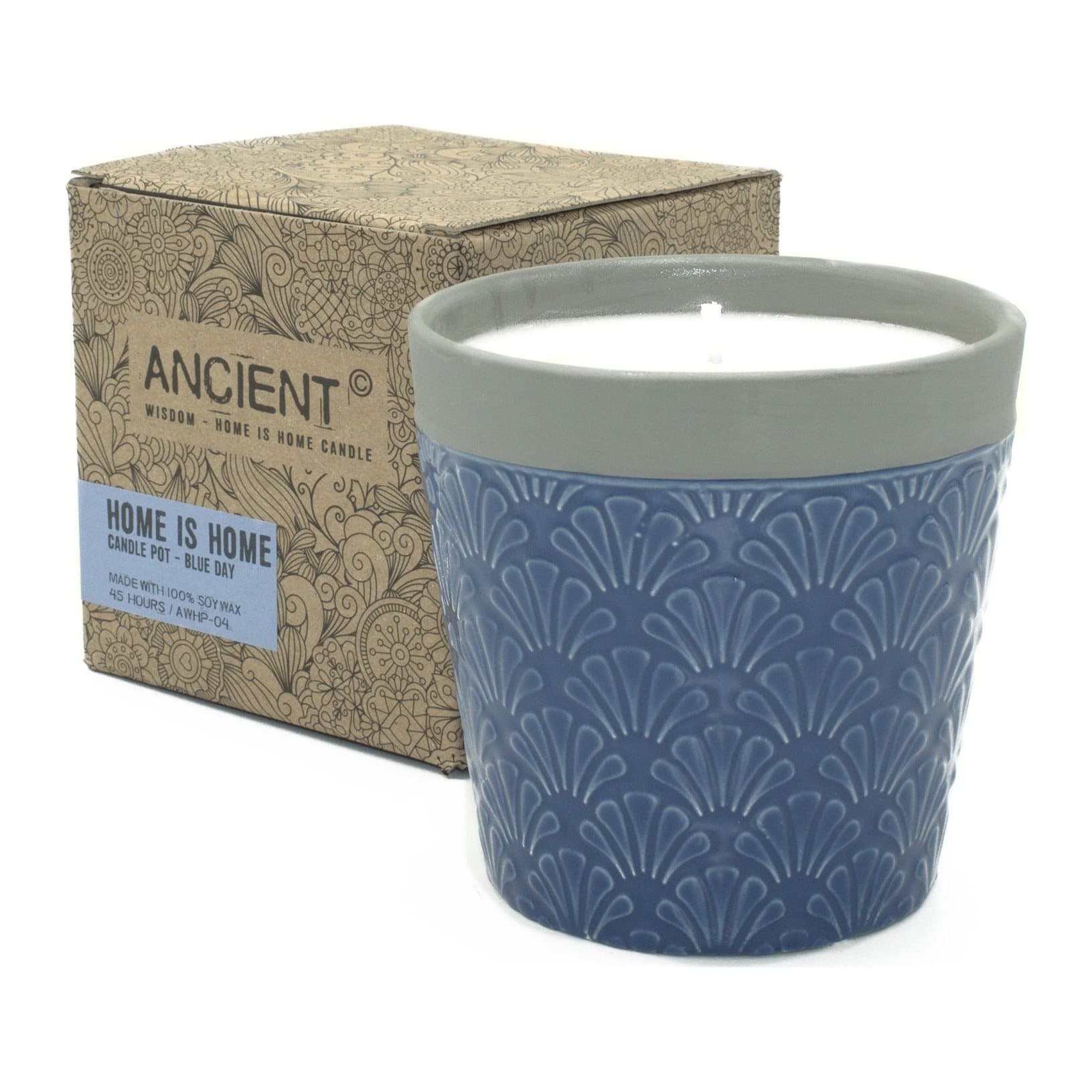 Large Home is Home Blue Day soy wax candle in a ceramic pot