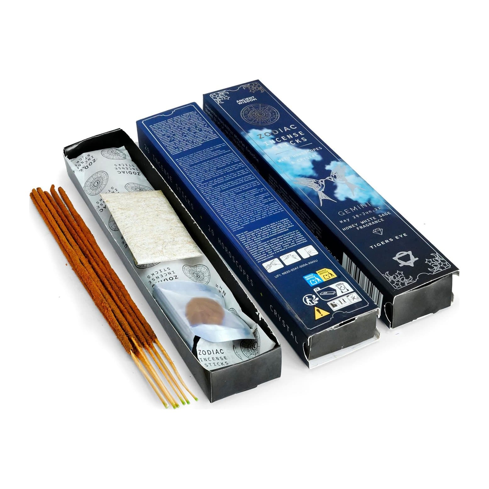 Gemini incense set with sticks, Tiger Eye stone and horoscopes
