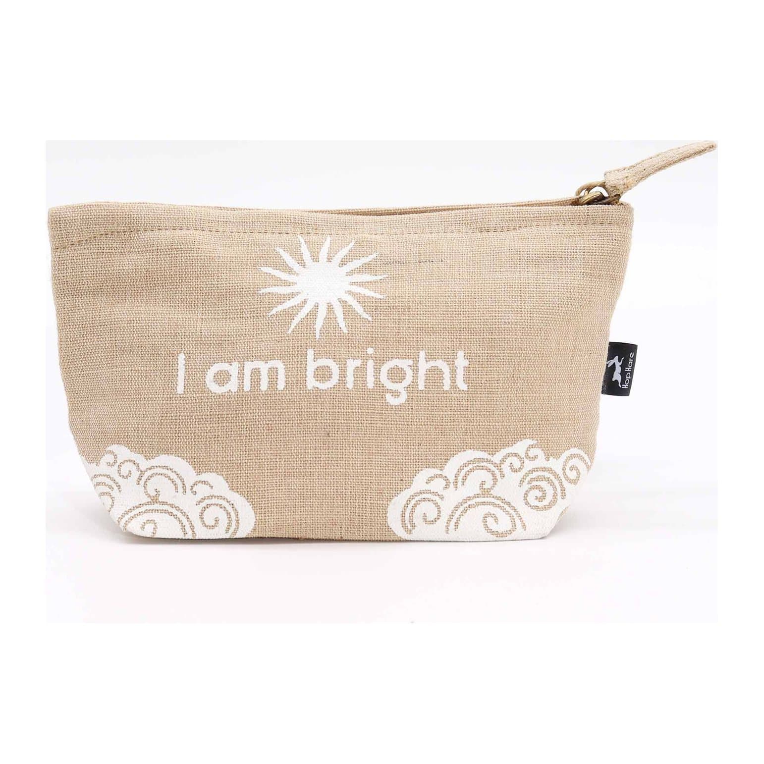 Natural jute zip pouch with the words I am Bright