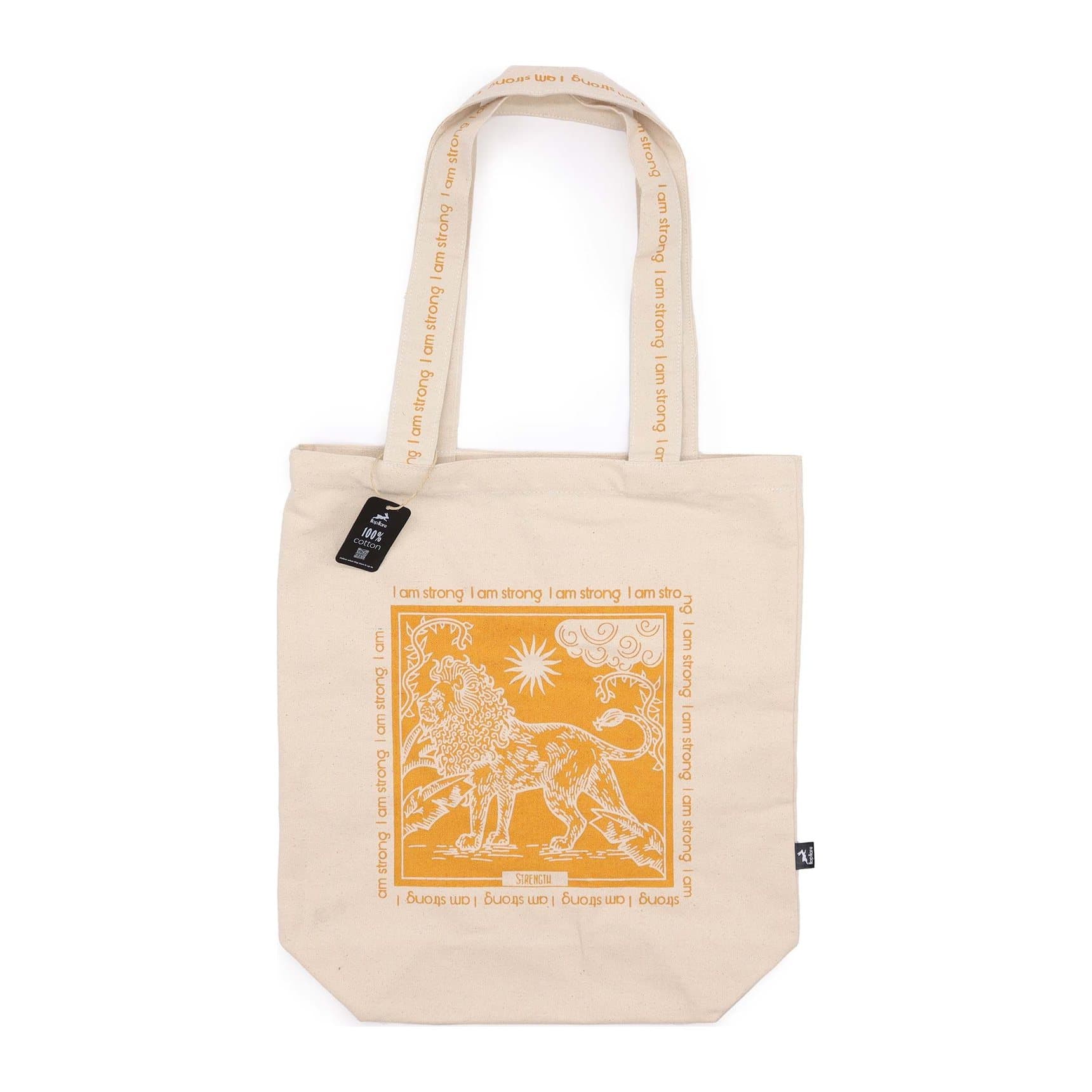 Cotton canvas tote bag with The Lion tarot design and the words I am Strong