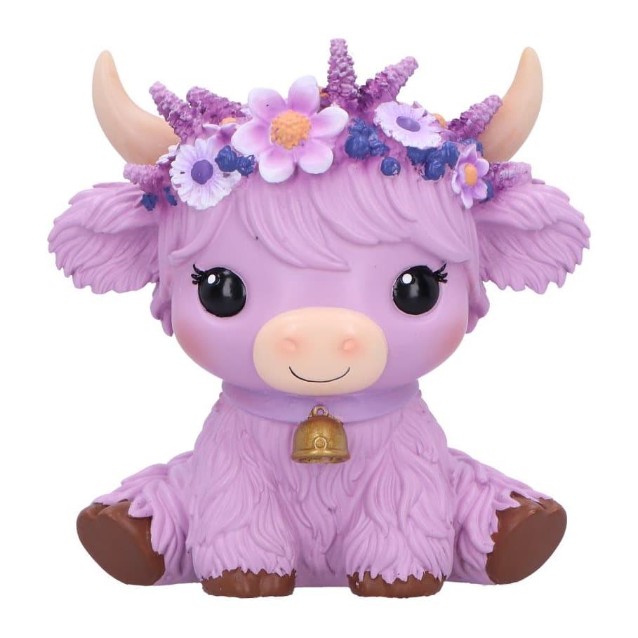 Purple resin cow figurine sitting with colourful flowers on its head