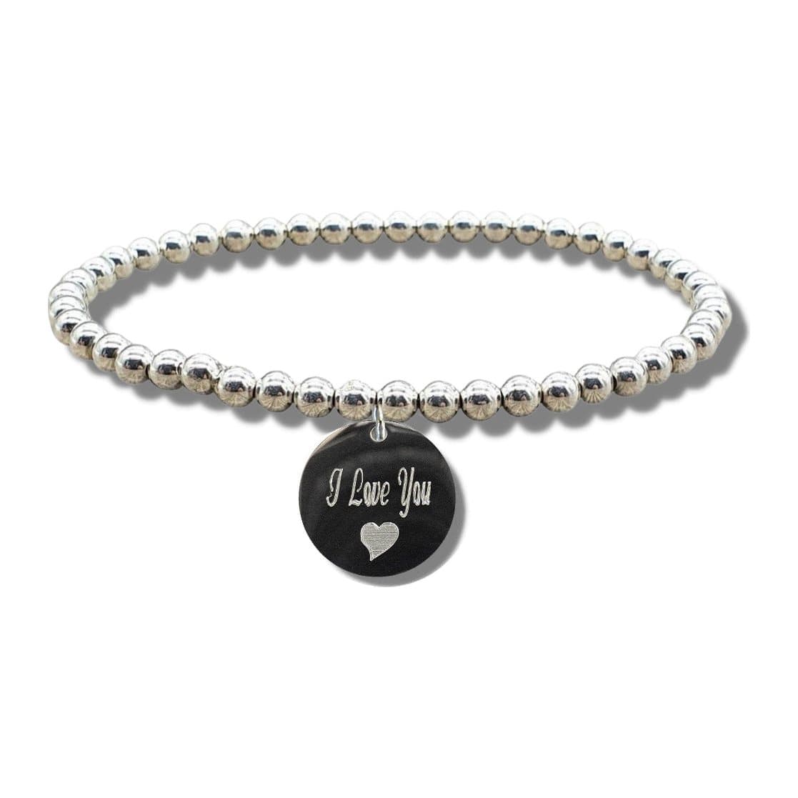 Silver beaded bracelet with an I Love You disc and heart symbol