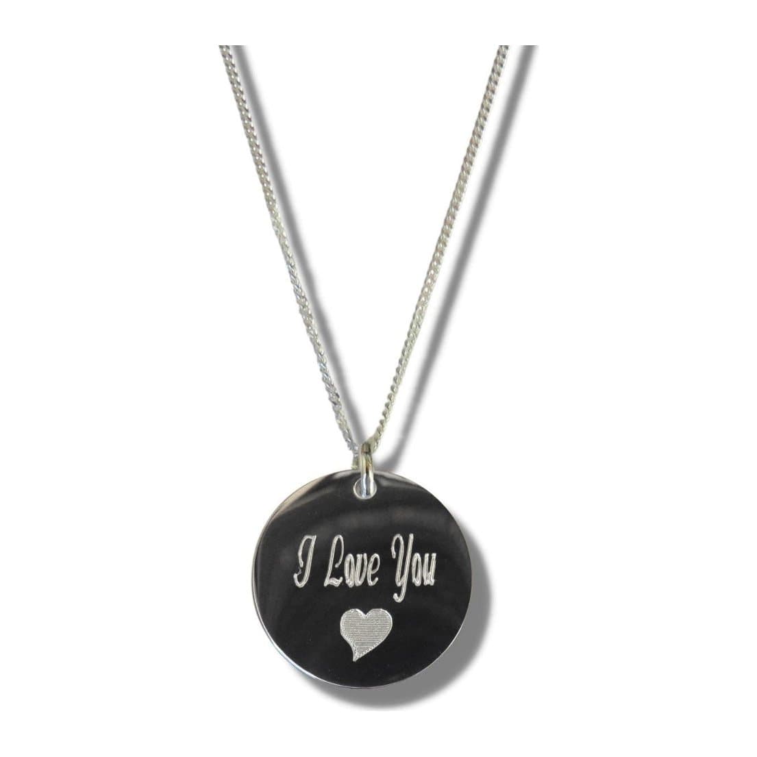 I Love You disc necklace with a heart symbol on a silver chain