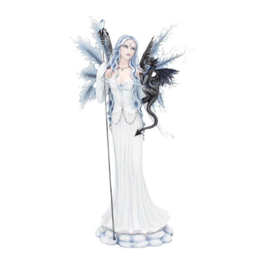 Ice fairy figurine in a dusty blue dress with a small dragon on her shoulder