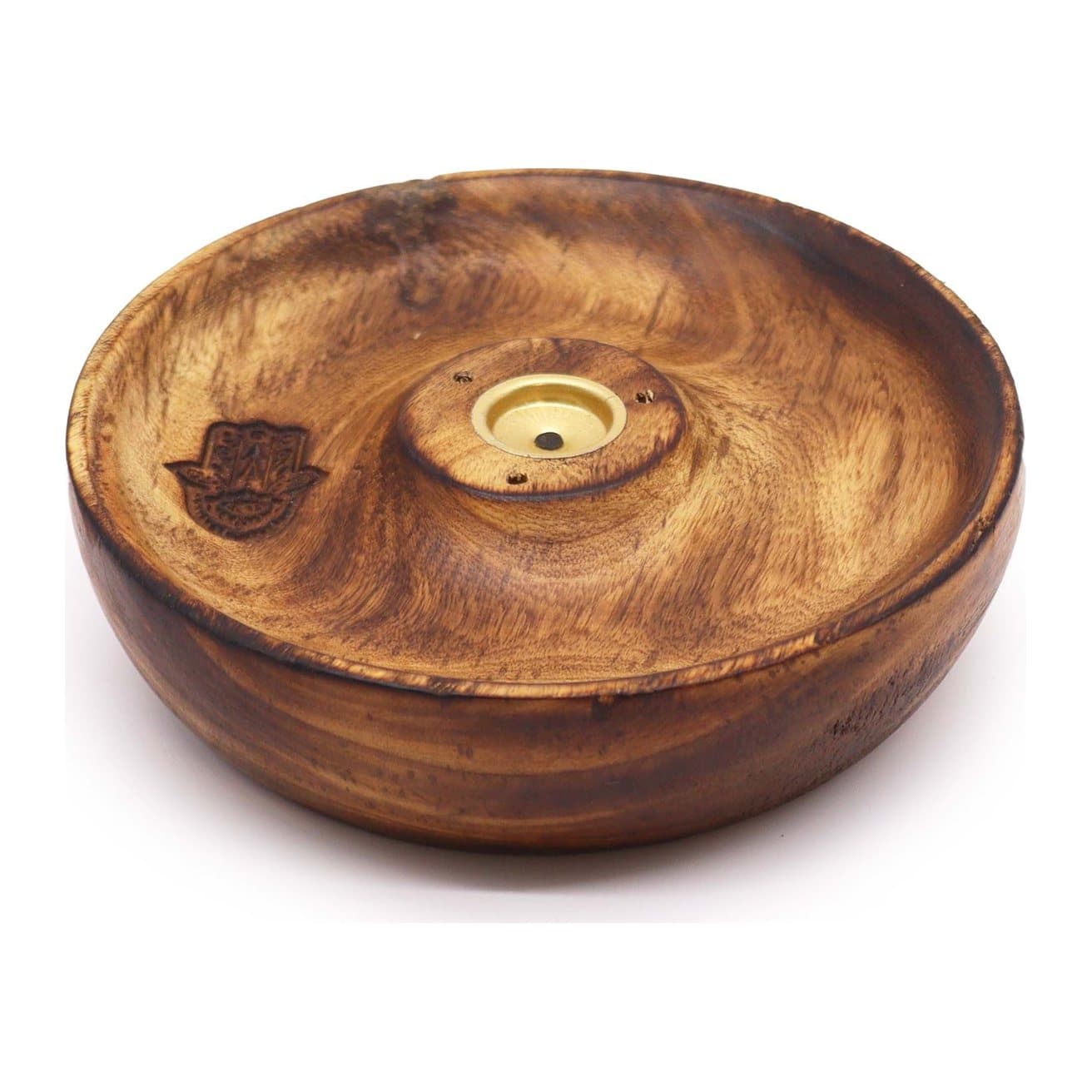 Mango wood incense stick and cone burner disc with a hamsa design